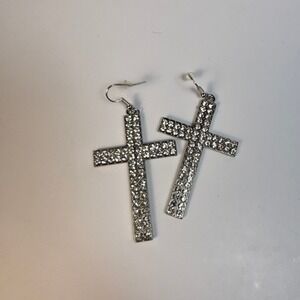 Cross Earrings Whimsigoth Y2K Silver Tone Preowned Rhinestone Dangle Huge
